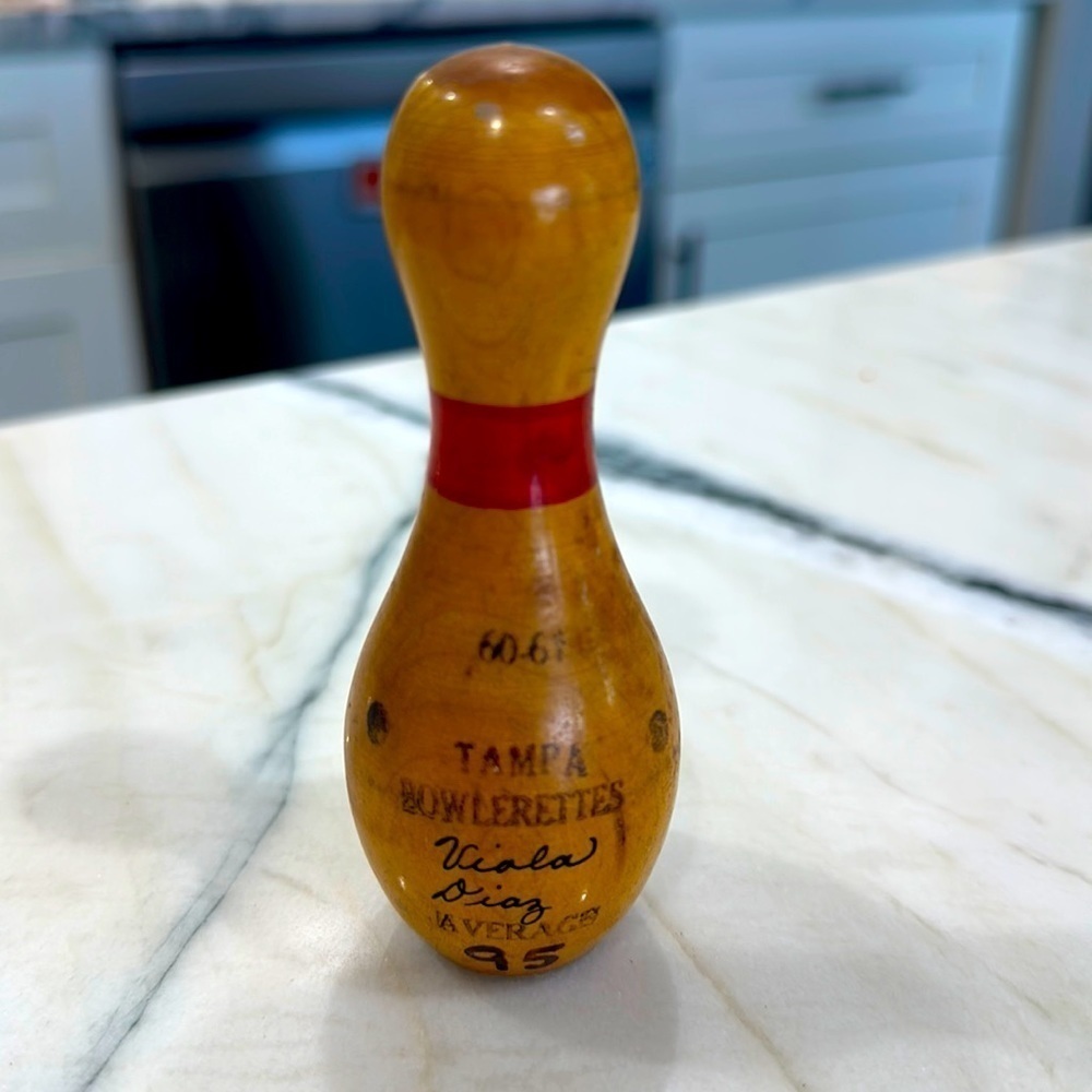 Wood Mini bowling pin miniature league trophy from 1960 Tampa bowlerettes